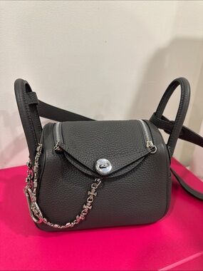 GREY Pebbled Leather Crossbody Bag with Chain Accent